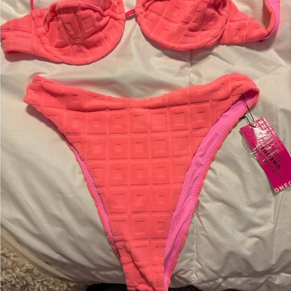 One one Pink flamingo Textured terry cloth Bikini bottoms